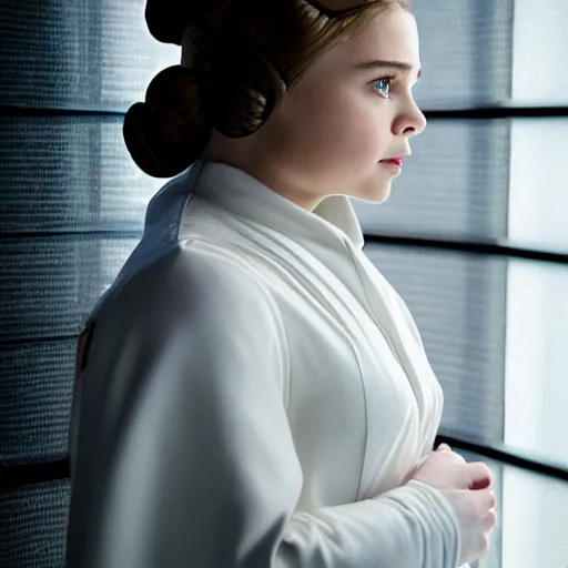 Image similar to Adult Chloe Moretz as Princess Leia, XF IQ4, 150MP, 50mm, F1.4, ISO 200, 1/160s, natural light