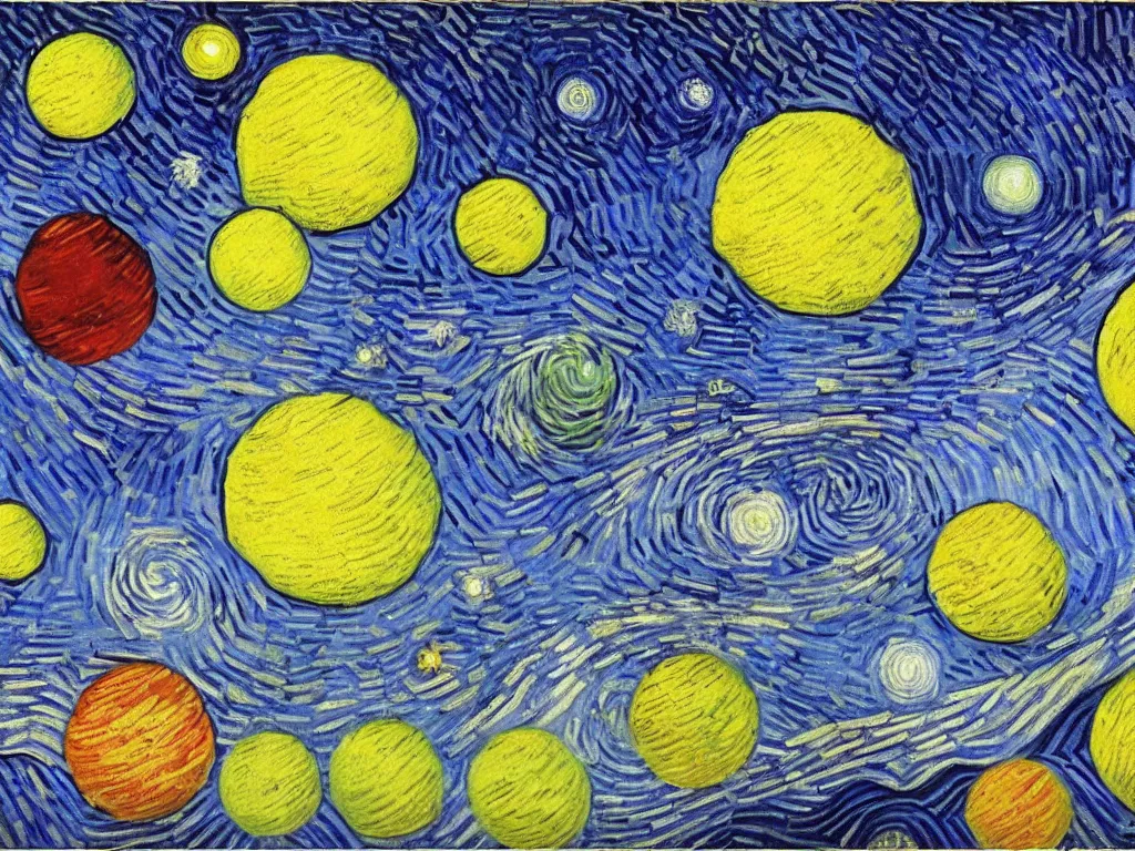 Image similar to A beautiful painting of a five planets by Gioele Muscolino Van Gogh, There are only five planets that are black, white, yellow, red, and blue, behind the galaxy and the universe, Trending on artstation, starry sky