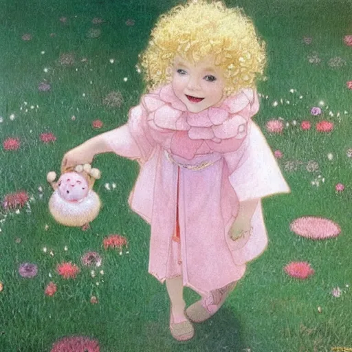 Prompt: a beautiful smiling little [[[[[[[[blonde toddler]]]]]]]]] girl with short loosely curly hair, at the park on a beautiful day, holding a round all-pink stuffed penguin, by Artgerm, Mucha Klimt, Hiroshi Yoshida and Craig Mullins, featured on Artstation, CGSociety, Behance HD, Deviantart