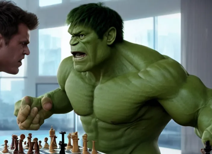 KREA - film still of hulk playing chess in the new avengers movie, 4 k