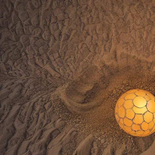 Image similar to in the center of a large sand quarry in the sand lies a large golden ball, a broken excavator is standing nearby, an anomalous air funnel is nearby, book illustration stylization, high quality, depth of sharpness, focus on the object