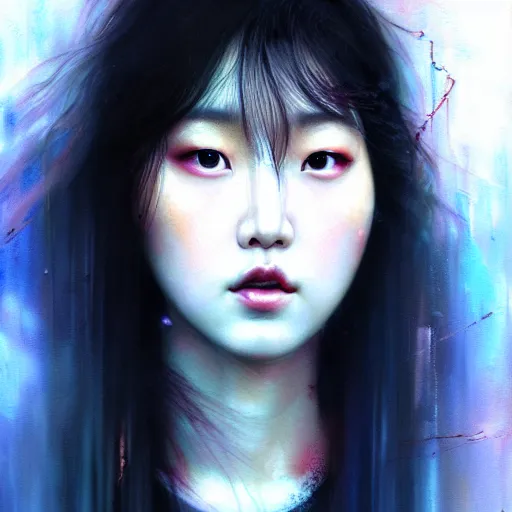 Image similar to roseanne park of blackpink, hyperrealistic portrait, bladerunner street, by karol bak and agnes cecile, fantasy art, photo realistic, dynamic lighting, artstation, poster, volumetric lighting, very detailed face, intricate complexity, rule of thirds, 8 k, award winning