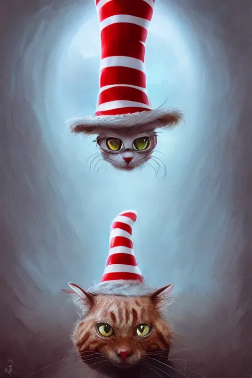 Image similar to complex 3 d render, hyper detailed, ultra sharp, of the cat in the hat, scary, cinematic, natural soft light, rim light, art by greg rutkowski and artgerm and alphone muchs, dr seuss