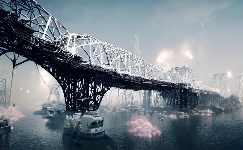 Image similar to explosions in the form of realistic white cotton plants on harbour bridge, huge white cotton everywhere on the destroyed harbour bridge, smooth, sharp focus, highly detailed, 3 d octane render, epic lighting, crazy atmosphere, lots of white cotton, 8 k, by goro fujita