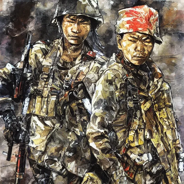 Image similar to burmese pdf soldier, painting, by greg ruthowski, yoshikata amano, yoji shinkawa, alphonse murac, collaborative artwork, beautifully drawn, heavily detailed