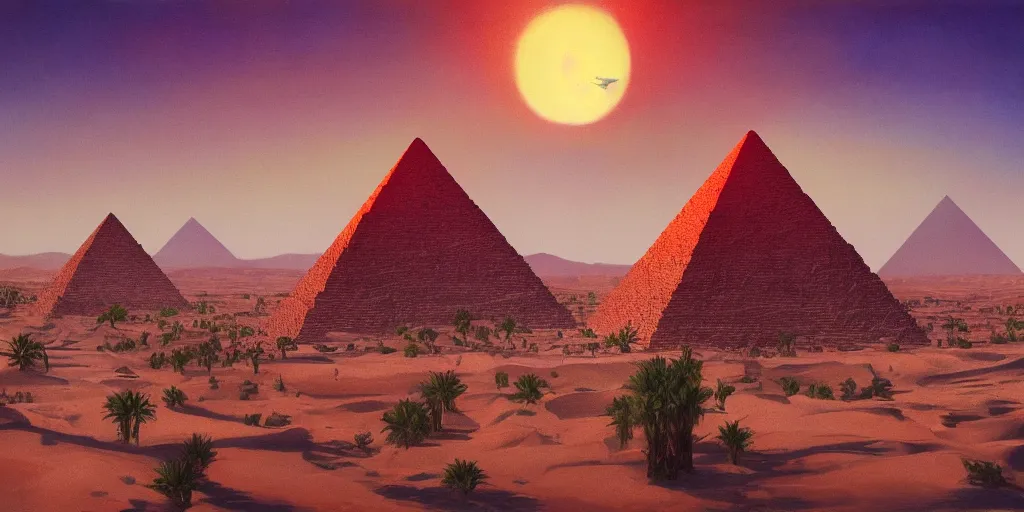 Prompt: an oil painting of a small city in the desert with only one pyramid in the center and walls that surround the city and a dark red sun, fantasy,hyper realistic, atmospheric lighting, cinematic, 8k,