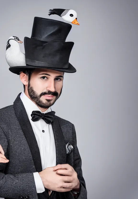 Prompt: gentleman goose bird in hat and suit and tie, rich, noble, 33 years old, lucky, beautiful, portrait photography, hd, hdr, 4k avatar, ultra detailed