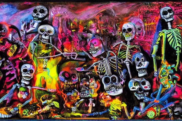 Image similar to scene from surfing, day of the dead, cyber skeleton, neon painting by otto dix