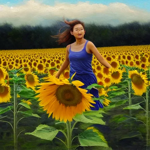 Image similar to a girl slowly running through amazing tall sunflower field, hair flowing, dynamic hands position, fog, early morning lightning, subtle, intricate details, real masterpiece, oil on canvas, by somsak anong