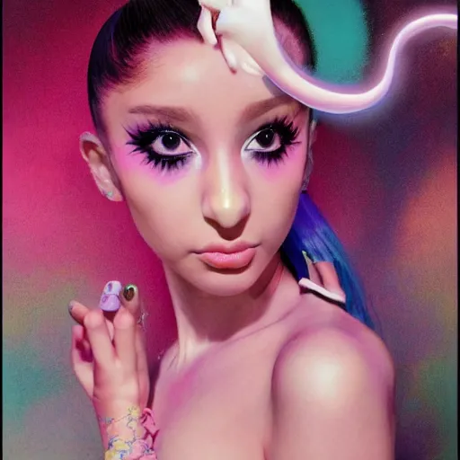 Prompt: fashionable photo of ariana grande in futuristic goth make - up, lolita fashion, fullbody, ultra realistic, pastel colors, modeling studio, yoga pose, highly detailed, photorealistic, volumetric light, voluptuous, by bruce pennington, by wayne barlowe, by takashi murakami
