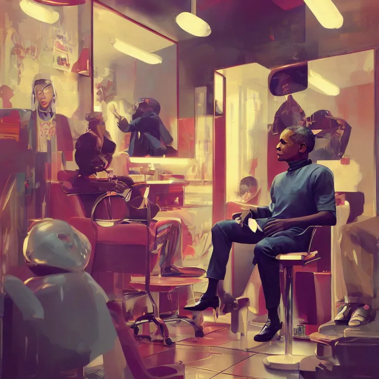 Image similar to tritone 1 9 6 0 s concept illustration portrait of nicki minaj sitting next to barack obama in a barbershop. cinematic scene. volumetric lighting. golden ratio accidental renaissance. by sachin teng and sergey kolesov and ruan jia and heng z. graffiti art, scifi, fantasy, hyper detailed. octane render. concept art. trending on artstation.