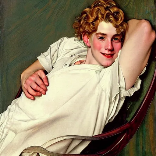 Prompt: beautiful portrait painting of the androgynous pale blond prince Lucius with long curly blond hair, delicate young man wearing a soft white poet shirt smiling sleepily at the viewer, in love by J.C Leyendecker and Norman Rockwell