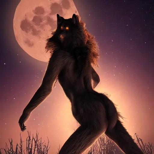 Prompt: female werewolf transformation at night with black realistic fur, under the moon, ultra detail, ultra realistic, 8 k