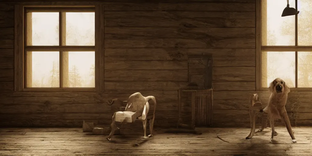 Prompt: dog armchair in an empty wooden cabin, by h. r. giger, soft natural volumetric lighting, beautifully detailed 4 k octane render, 4 k post processing