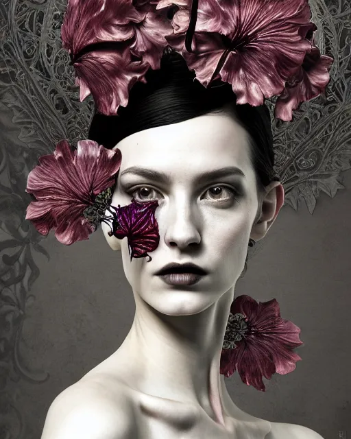 Image similar to monochrome profile portrait painting, dutch masters, silver lace floral steampunk biomechanical beautiful young female cyborg with one techno eye, volumetric light, leaves foliage and stems, hibiscus flowers, sinuous fine roots, fine foliage lace, alexander mcqueen, rim light, big gothic fashion pearl embroidered collar, 8 k