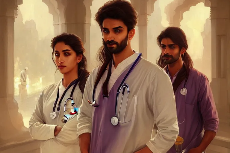 Image similar to Anxious good looking pale young Indian doctors wearing scrubs and shirts at the airport, portrait, elegant, intricate, digital painting, artstation, concept art, smooth, sharp focus, illustration, art by artgerm and greg rutkowski and alphonse mucha