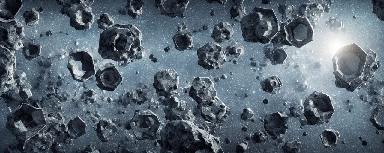 Prompt: movie still, asteroid with many hexagonal holes, unreal engine, octane render, detailed and intricate, global illumination, volumetric lighting, hubble telescope images, james webb telescope images, houdini fluid simulation, detailed and intricate environment