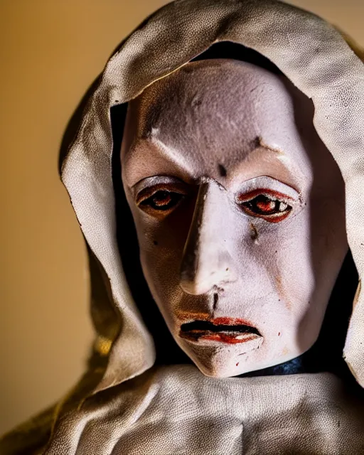 Image similar to a paper mache doll of a dead nun, realistic, very detailed, complex, intricate, studio lighting, superres sharpening, bokeh, sigma 5 0 mm f 1. 4