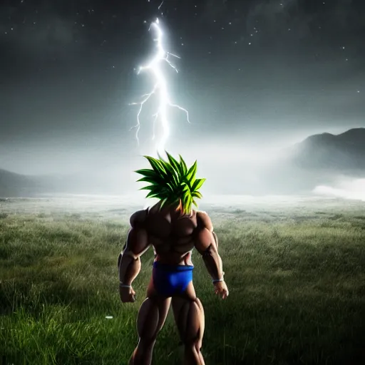 Image similar to photorealistic full shot of Broly at moonlight, lightning bolt, apocalyptic background, by Akira Toriyama, high detail, unreal engine 4k volumetric light, fog,