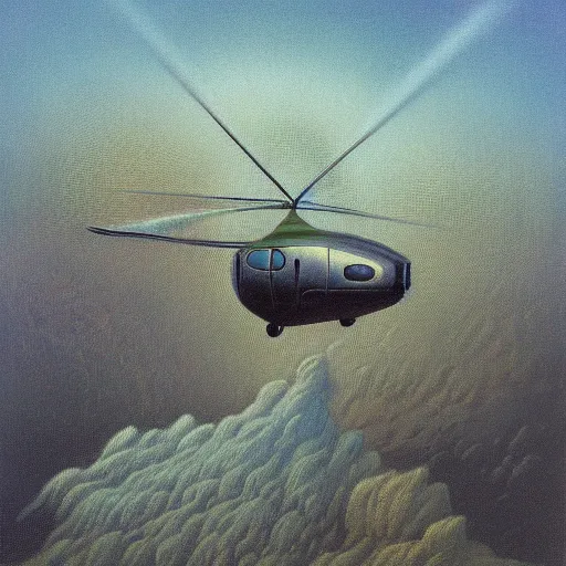 Image similar to a gyrocopter by Zdzisław Beksiński, oil on canvas