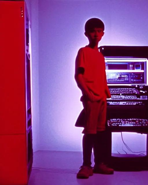 Prompt: 8k professional photo of an 8 years old enlightened and scared boy standing in front of an old computer from 90s with a game doom2 at the monitor screen in a vaporwave space, still from a movie by Gaspar Noe and James Cameron