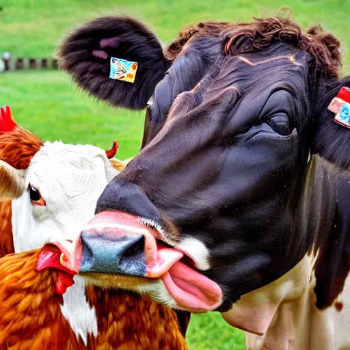 Prompt: a cow kisses a chicken