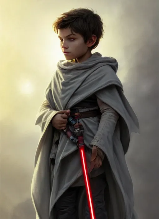 Image similar to perfectly - centered - portrait of a kid wearing grey cloak holding light saber, intricate, highly detailed, digital painting, artstation, concept art, smooth, sharp focus, illustration, unreal engine 5, 8 k, art by artgerm and greg rutkowski and alphonse mucha