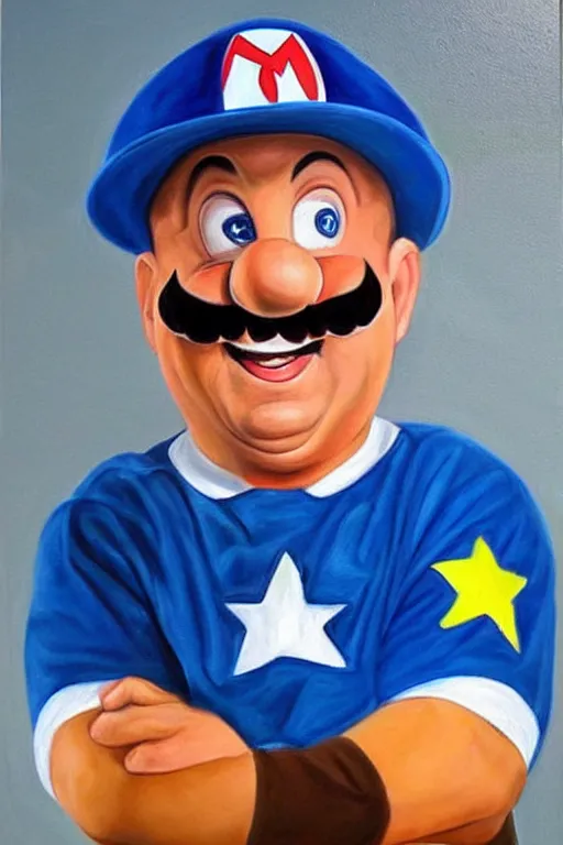 Image similar to beautiful, realistic painting of tommy lasorda dressed like super mario