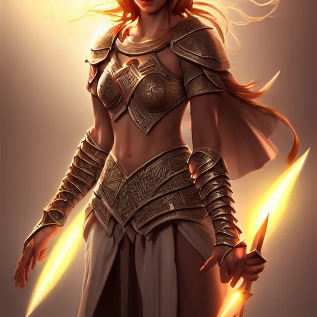 Prompt: beautiful cleric warrior with light powers, highly detailed, 4 k, hdr, smooth, sharp focus, high resolution, award - winning photo, artgerm, photorealistic