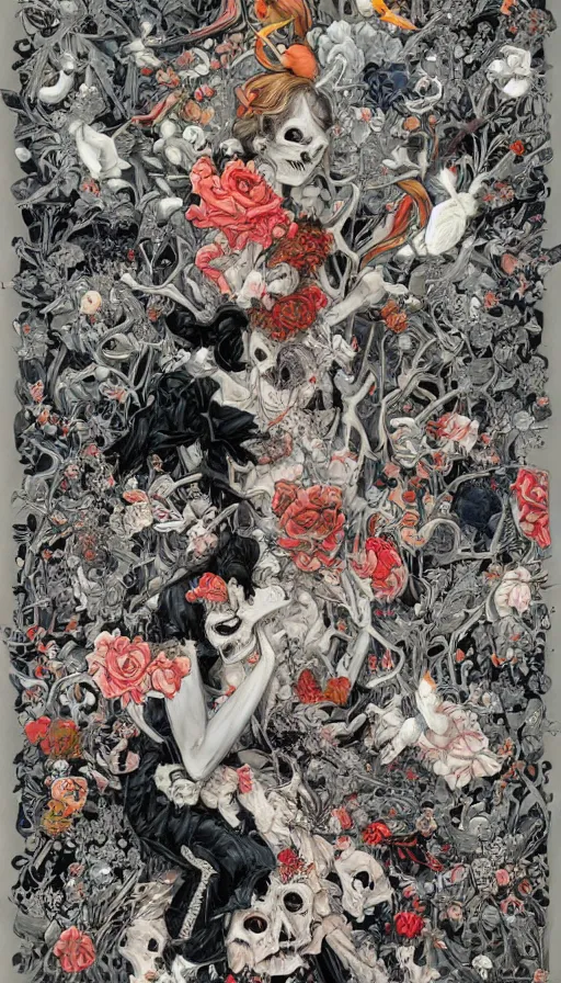 Image similar to life and death mixing together, by james jean