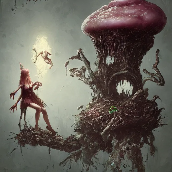 Image similar to Carnivore godlike scary fairy eating a frog alive , giant mushrooms , psychedel tint , Junji Ito and Greg rutkowski , masterpiece , trending on artstation