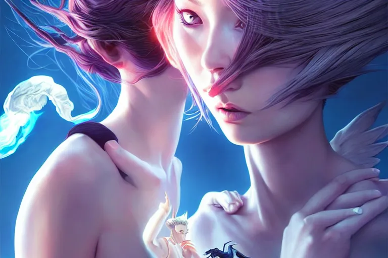 Image similar to surrealistic summoner girl with their surrealistic creatures, occlusion shadow, specular reflection, rim light, unreal engine, artgerm, artstation, art by hiroaki samura and ilya kuvshinov and ossdraws, intricate, highly detailed 8 k, fantasy illustration, extremely beautiful and aesthetic shape of face and clothes, movie poster