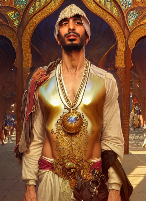 Prompt: an arabian man in the market, shiny, fantasy, intricate, elegant, hyper detailed, ultra definition, photoreal, artstation, unreal engine rendered, concept art, smooth, sharp focus, illustration, art by artgerm and greg rutkowski and alphonse mucha and garis edelweiss