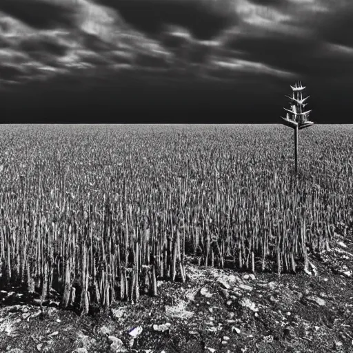 Image similar to radioactive spike field, monolithic granite spikes, one lone person standing in front of the spikes, creepy monotone black and white lighting, post nuclear fallout, desolate, no life, high resolution, old photo, distorted photo, slow corruption