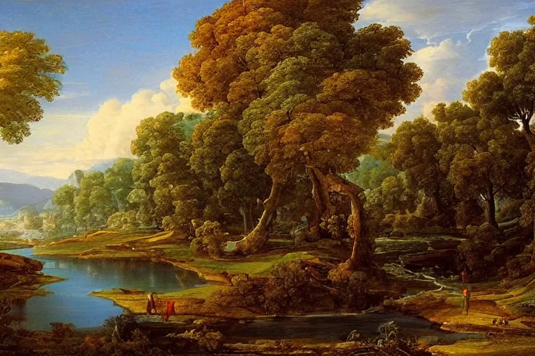 Image similar to beautiful landscape with river and oak trees, mythology, fantasy, landscape background, vivid colors, digital painting, very detailed, realistic, high quality, by claude lorrain