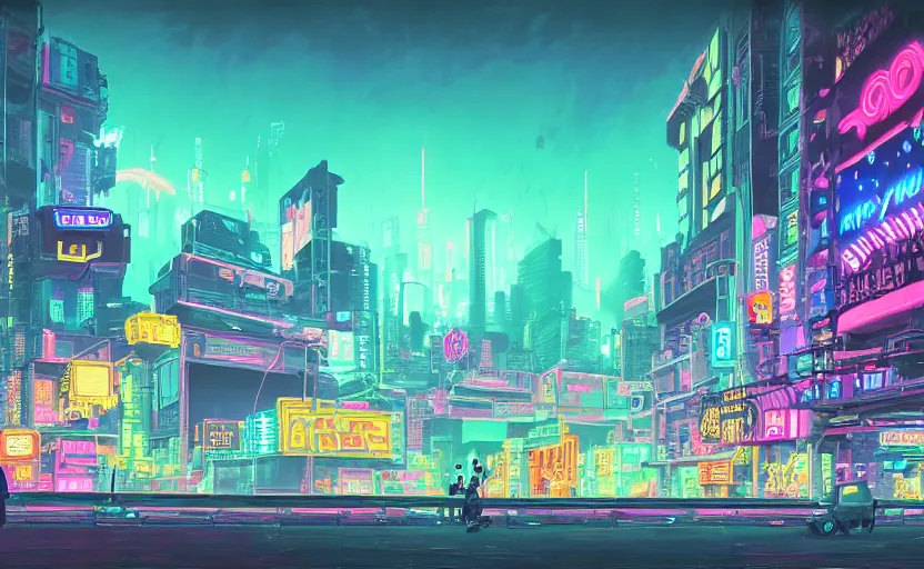 Image similar to Wide angle shot of a cyberpunk city with neon lights and holographic fishes floating in the sky by James Gilleard, Mark Ryden, Wolfgang Lettl highly detailed