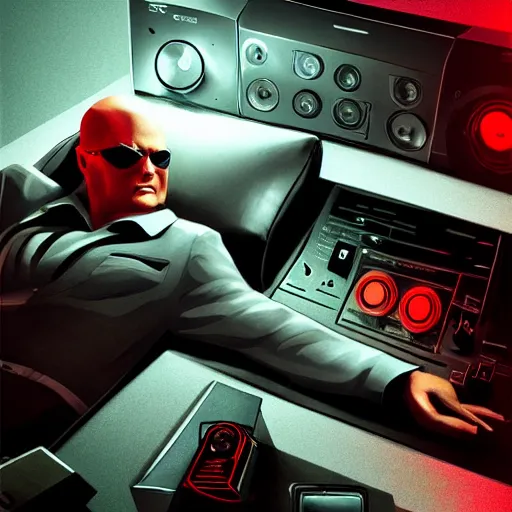 Image similar to agent 4 7 lying down listening to music in front of large stereo speakers surrounded by cables, black background, red rim light, highly detailed, smooth, sharp focus, art by cedric peyravernay