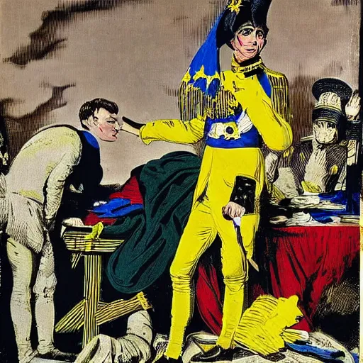 Prompt: Volodymyr Zelensky at war, dressed like Napoleon Bonaparte, his clothes are torn and dirty, he is sitting between dead corpses and weeping, holding a half burnt blue and yellow flag of Ukraine, in the style of Roy Lichtenstein