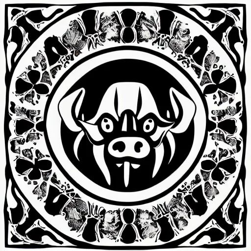 Image similar to the devil, cow, pig, sheep, chicken, summoning circle, white on black vector ink drawing, demonic, diabolic, hostile