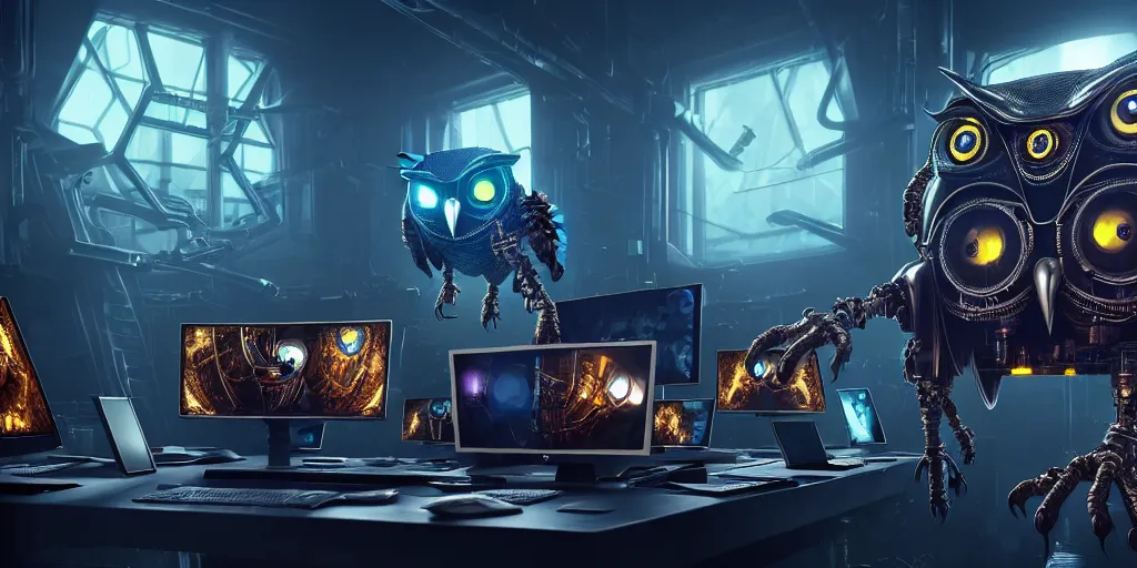 Image similar to an giant evil, malevolent, cyborg owls looking at a computer, surrounded by computer screens. steampunk. this 4 k hd image is trending on artstation, featured on behance, well - rendered, extra crisp, features intricate detail and the style of unreal engine. volumetric lighting octane render