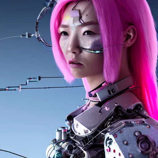 Prompt: portrait of a beautiful mongolian woman with pink hair as a cyberpunk cyborg half robot, revealing wires and electronics, hooked - up, sci - fi, missing panels, intricate abstract upper body intricate artwork, concept art, octane render, deviantart, cinematic, key art, hyperrealism, iridescent accents, portrait photograph, nikon 3 5 mm, photograph by greg rutkowski