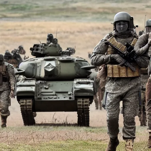 Image similar to Gruesome photo of British mercenaries wearing grey body armor retreating from a tank, photo by Adam Ferguson, Pulitzer Winning, cinematic composition, breathtaking, modern, 2022