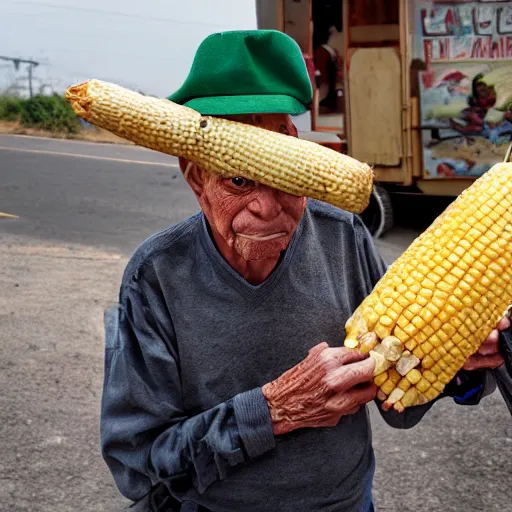 Image similar to an elderly man wearing a mask made from a tortilla, holding a sword made from elote, driving a corn cob car, bold natural colors, national geographic photography, masterpiece, 8 k, raw, unedited, symmetrical balance