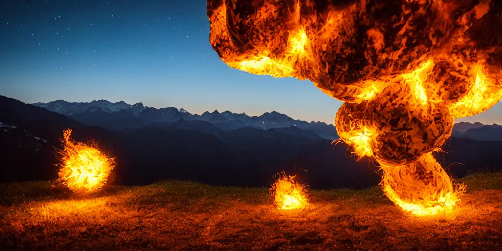 Image similar to giant fire ball attack comes from mountains, back view, 5 0 mm bokeh, night, epic, dramatic, realistic, 8 k, high details