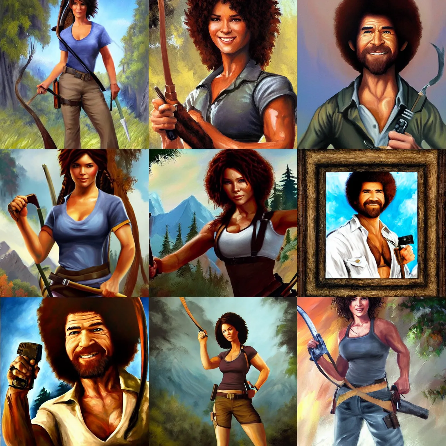 Prompt: a painting of Bob Ross dressed as Lara Croft
