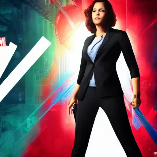 Image similar to a marvel poster with a woman wearing a suit, ray tracing, high contrast