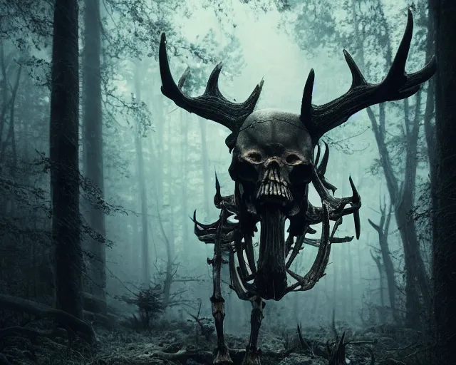 Image similar to 5 5 mm portrait photo of an armored demonic human skeleton with antlers, in a magical forest. dark atmosphere. art by greg rutkowski. highly detailed 8 k. intricate. lifelike. soft light. nikon d 8 5 0.