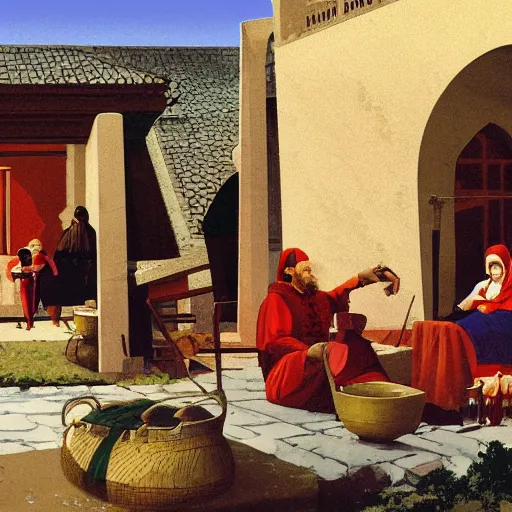 Image similar to ' a medieval turkish nobleman takes breakfast at his coastal manor with his family '. gouache matte painting by angus mcbride, 8 k, digital matte painting with high fidelity textures and figures.