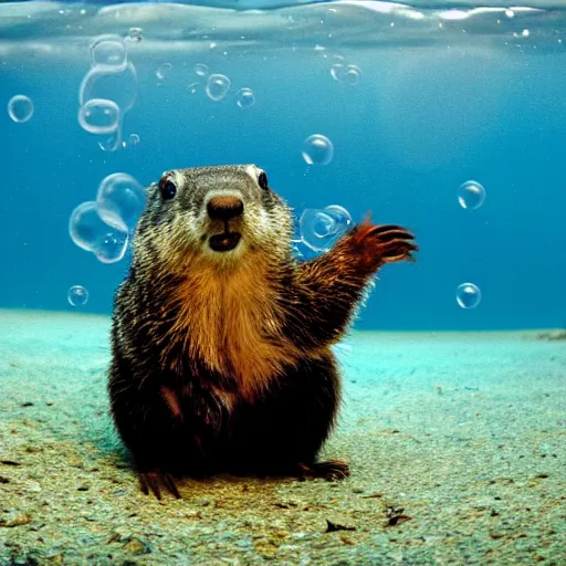 Image similar to a groundhog diving, realistic, underwater bubbles