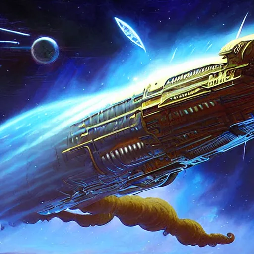 Image similar to cinematic shot long space ship flying in deep space golden hull long golden tentacles steampunk style atmosferic retro style ames eads casper david friedrich raphael lacoste vladimir kush tim white leis royo michael whelan bruce pennington volumetric light effect broad light oil painting painting fantasy art style sci - fi art style realism artwork unreal engine